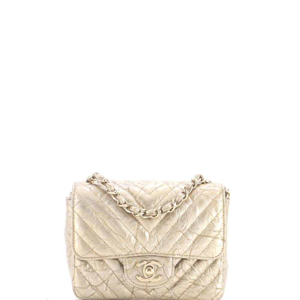 Chanel Mini Square Classic Single Flap Bag Chevron Crumpled Metallic Patent
